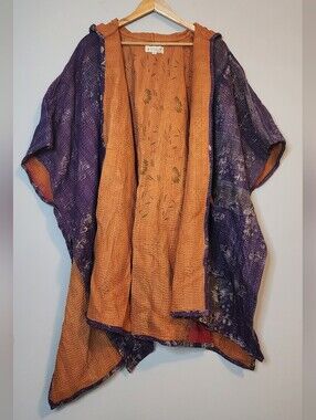 Kantha Bae Reversible Hooded Jacket Purple Rust Open Front Pockets OS
